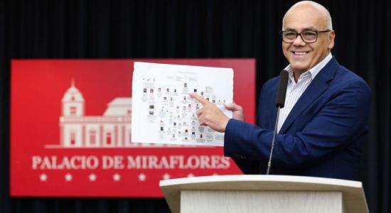 El vicepresidente sectorial de Comunicación, Jorge Rodríguez, muestra el organigrama de la última trama golpista