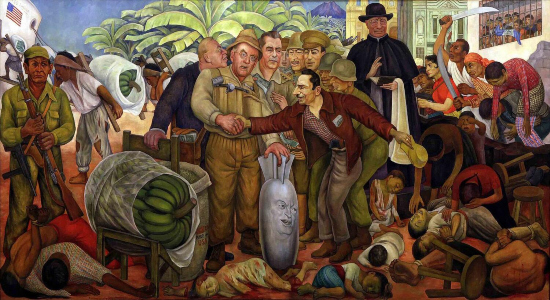  'Gloriosa Victoria', obra de Diego Rivera de 1954, retrata el golpe de estado que derrocó al gobierno democráticamente elegido de Guatemala y en el que la United Fruit Company se ve retratada con los trabajadores cargando bananas